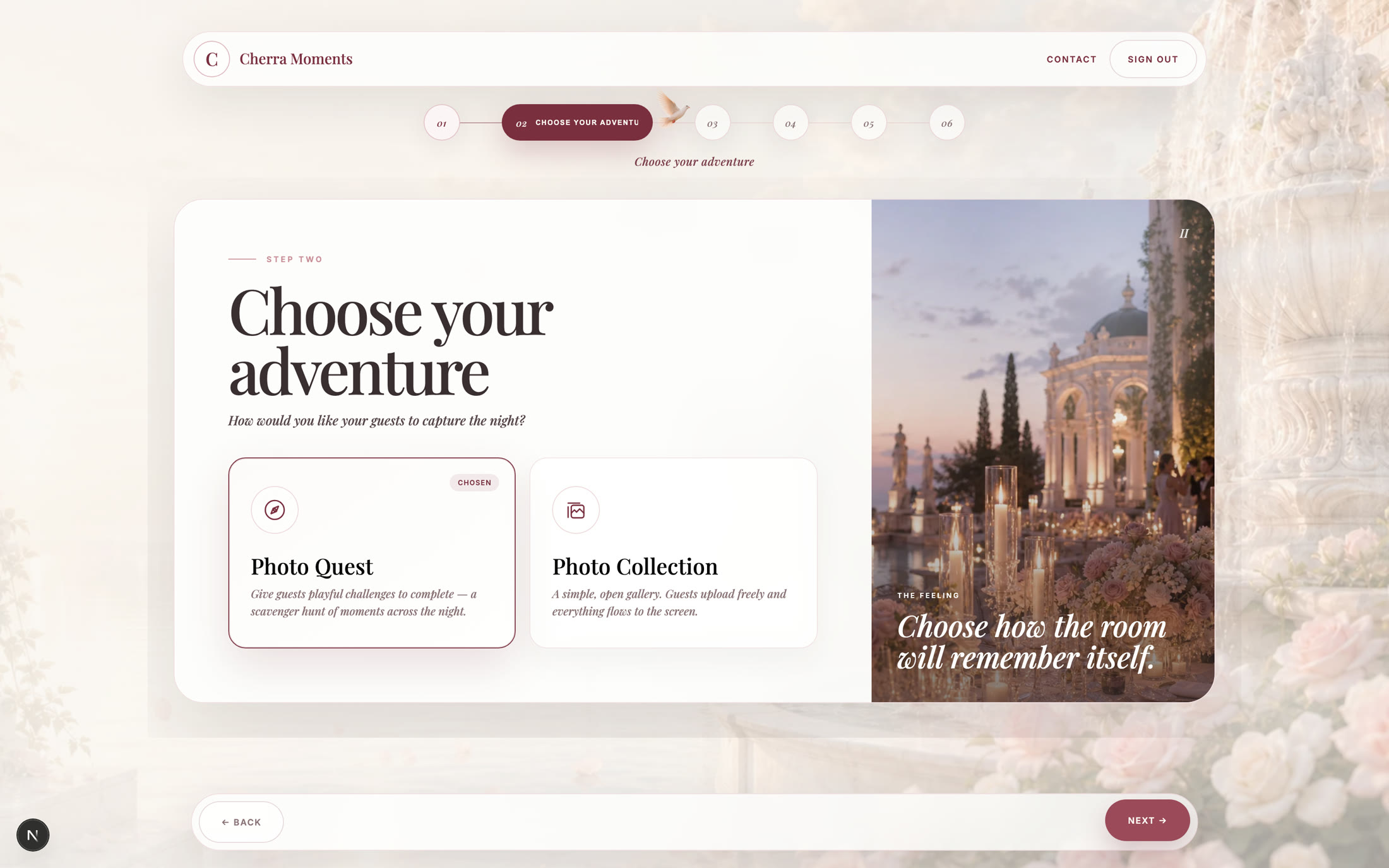 The Cherra Moments builder — choosing the event mode