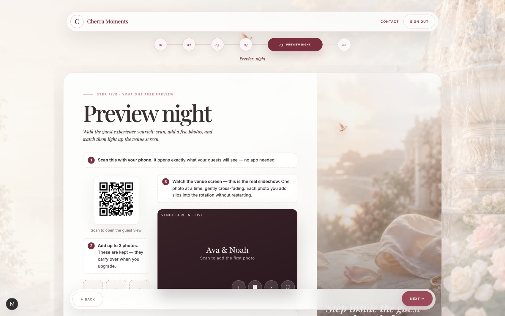 The preview-night step with a printable QR code