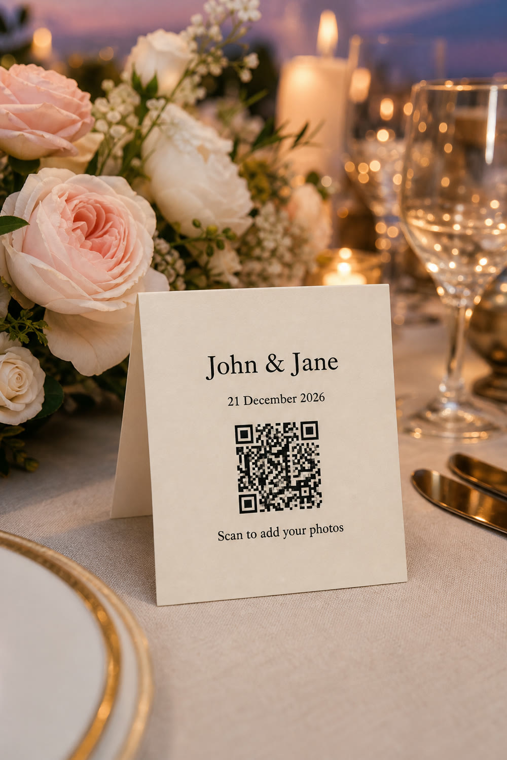 A wedding QR code on a table place card