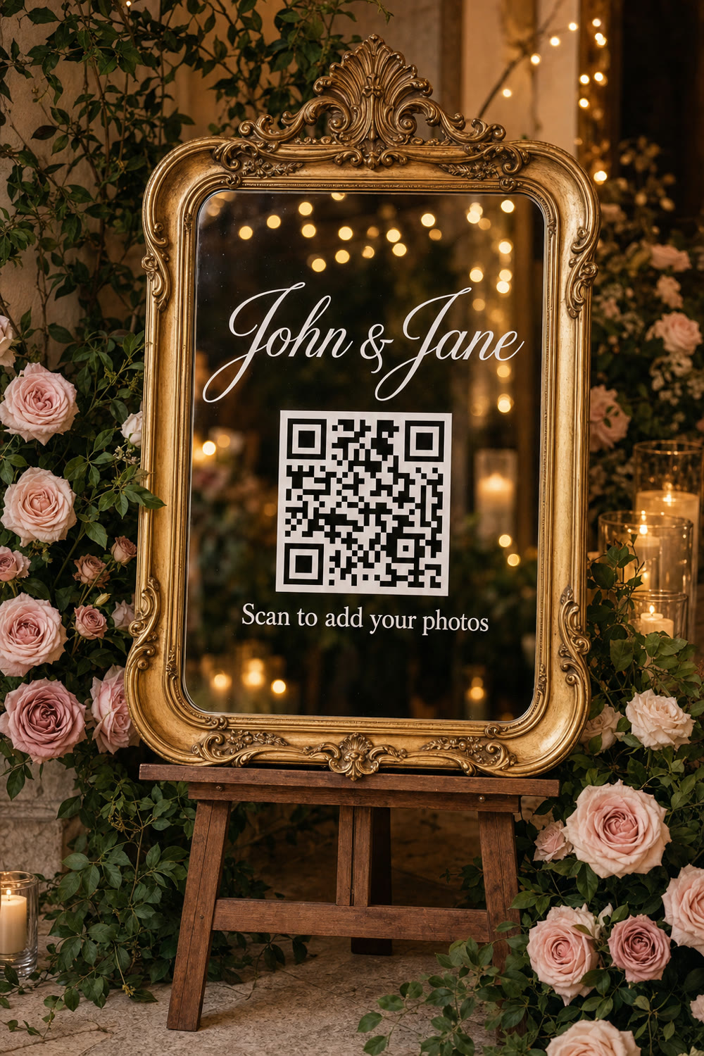 A wedding QR code on a gold-framed mirror sign