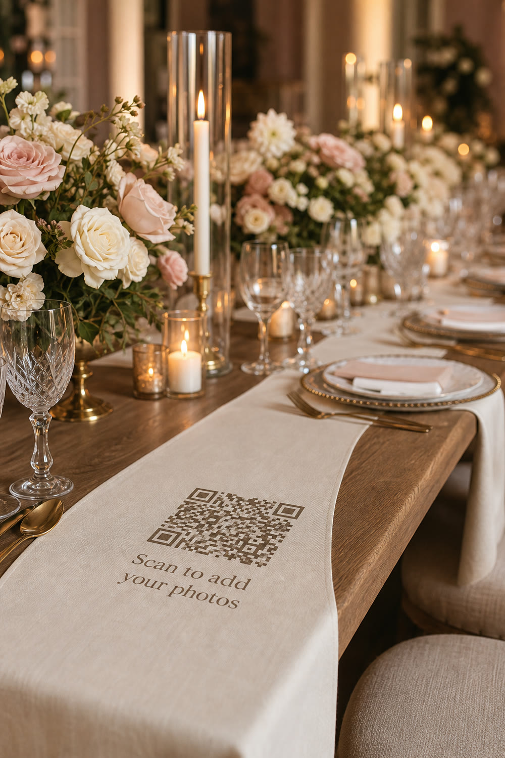 A wedding QR code on the table runner