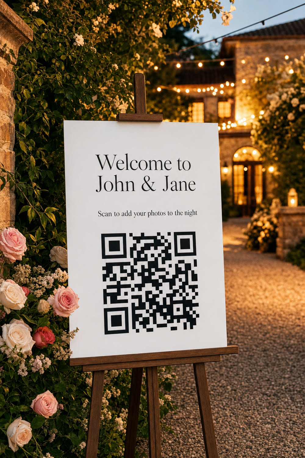 A wedding QR code on a welcome signboard at the entrance